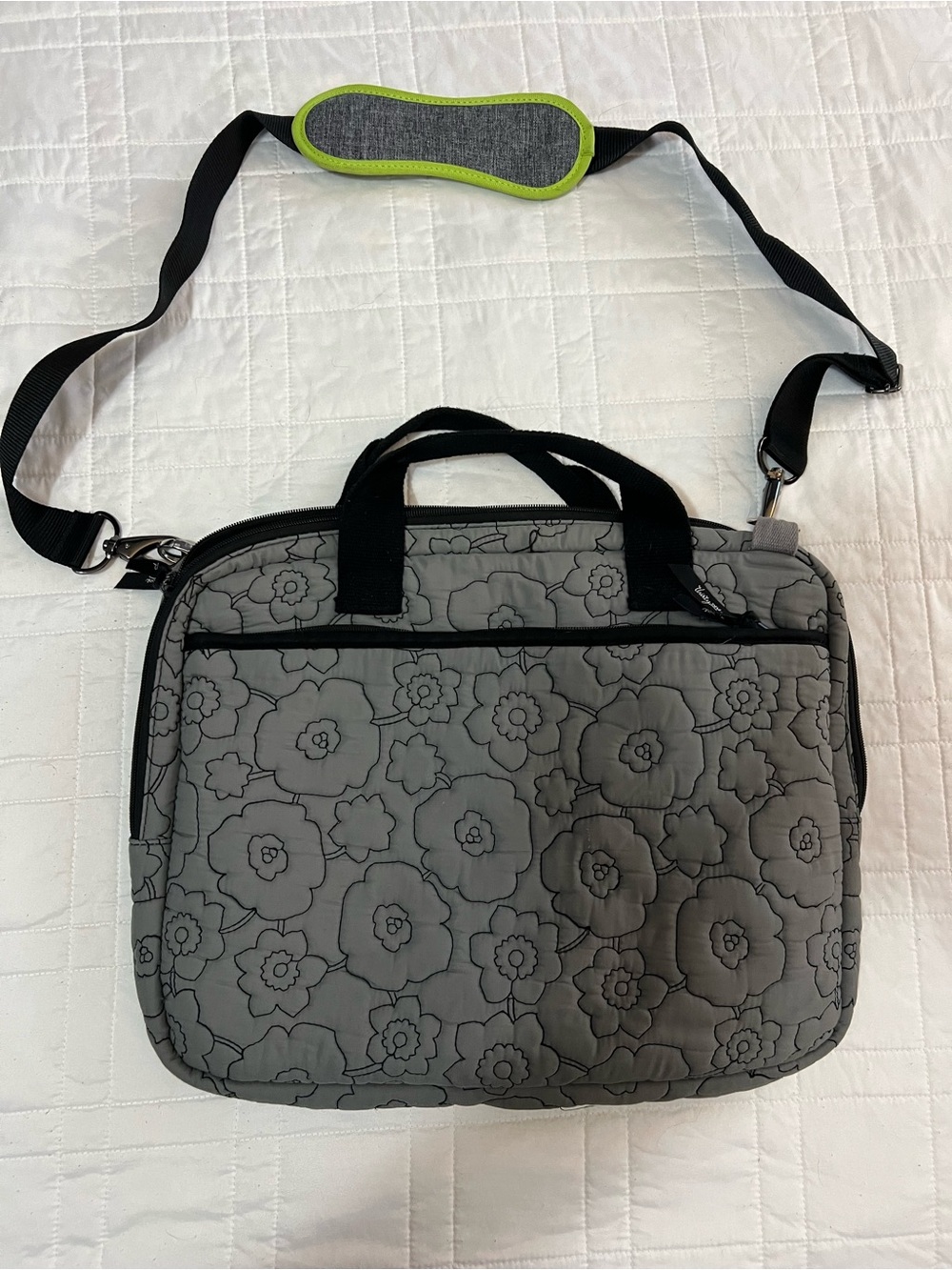 thirty-one Gray Floral Quilted Laptop Messenger Bag with Black Trim